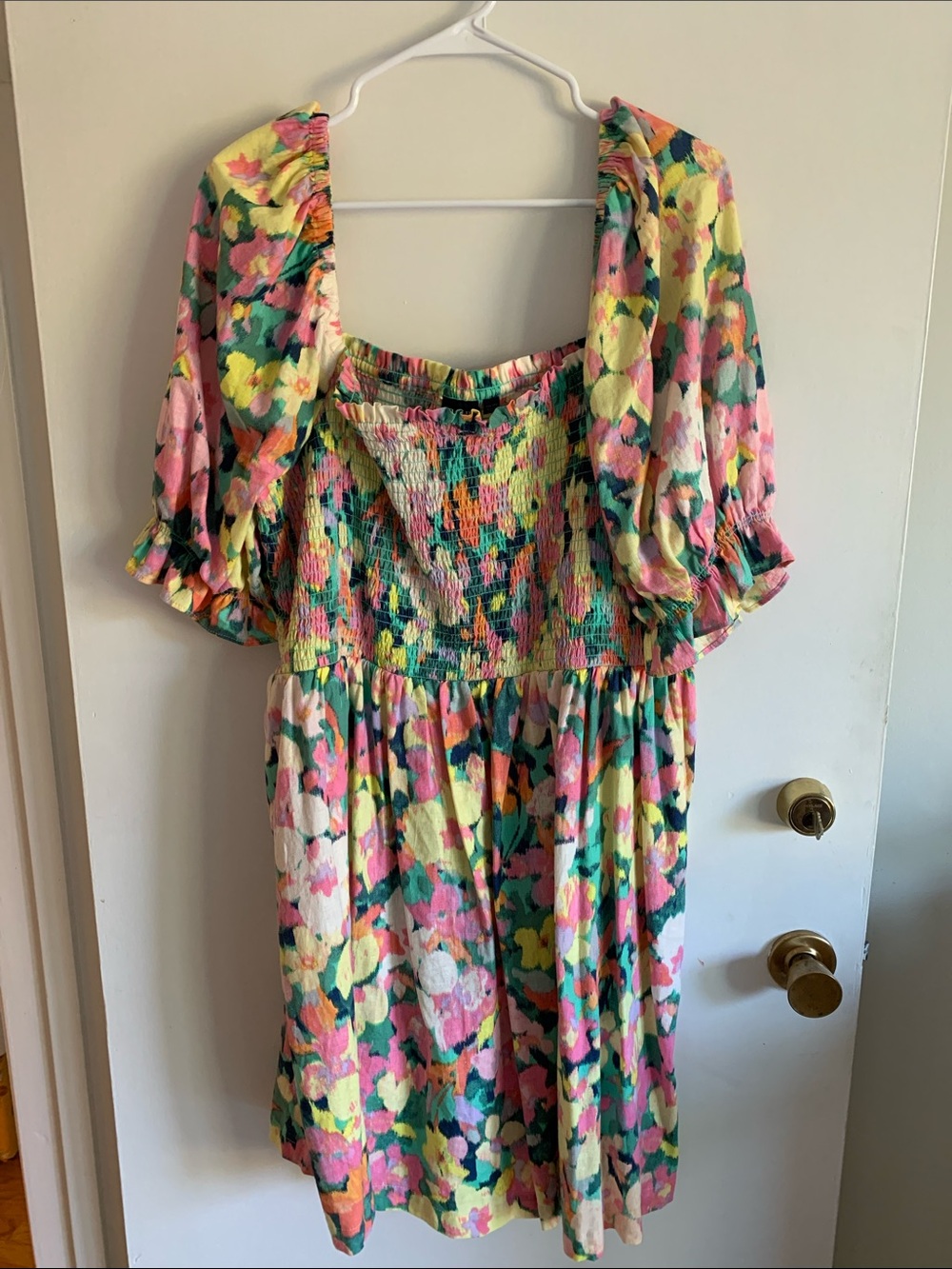 GAP Pink Yellow Green Floral Smocked Puff-Sleeve Dress